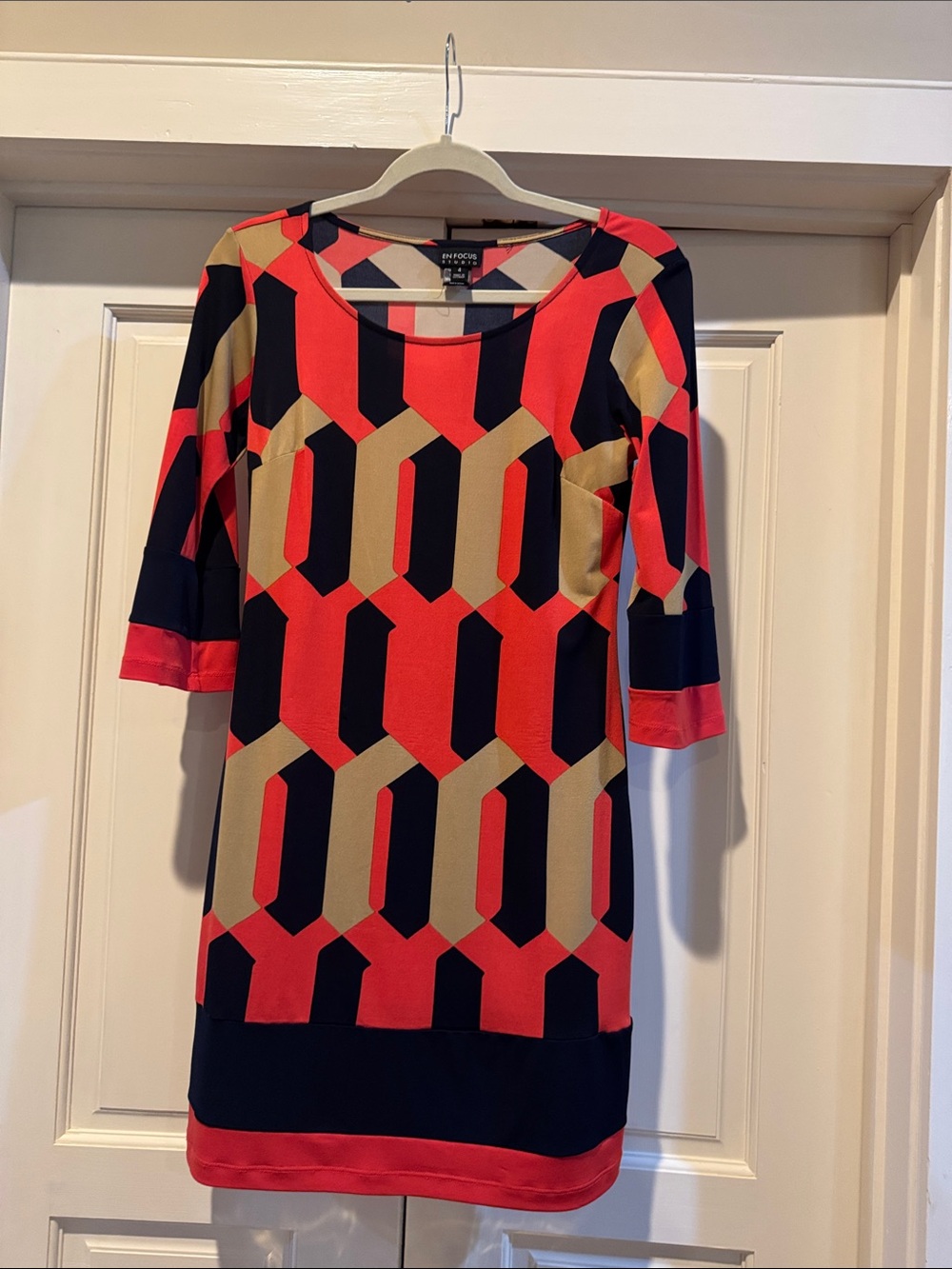 Unfocus Studio Red, Orange, Navy & Tan Geometric Long Sleeve Sheath Dress